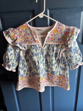 Entro Floral Puff-Sleeve Peasant Blouse - Blue & Pink